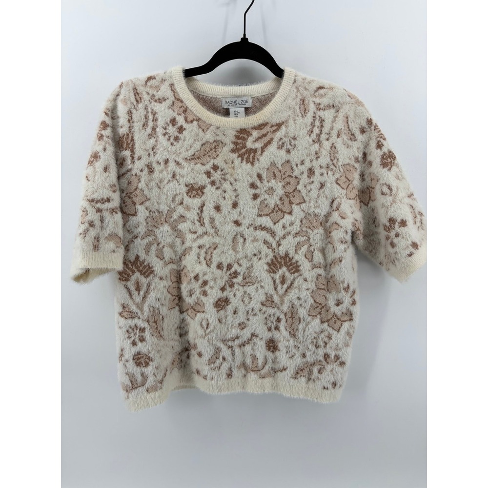 Rachel Zoe,Fuzzy Floral Print, Crewneck Sweater, Super Soft, Women's Large